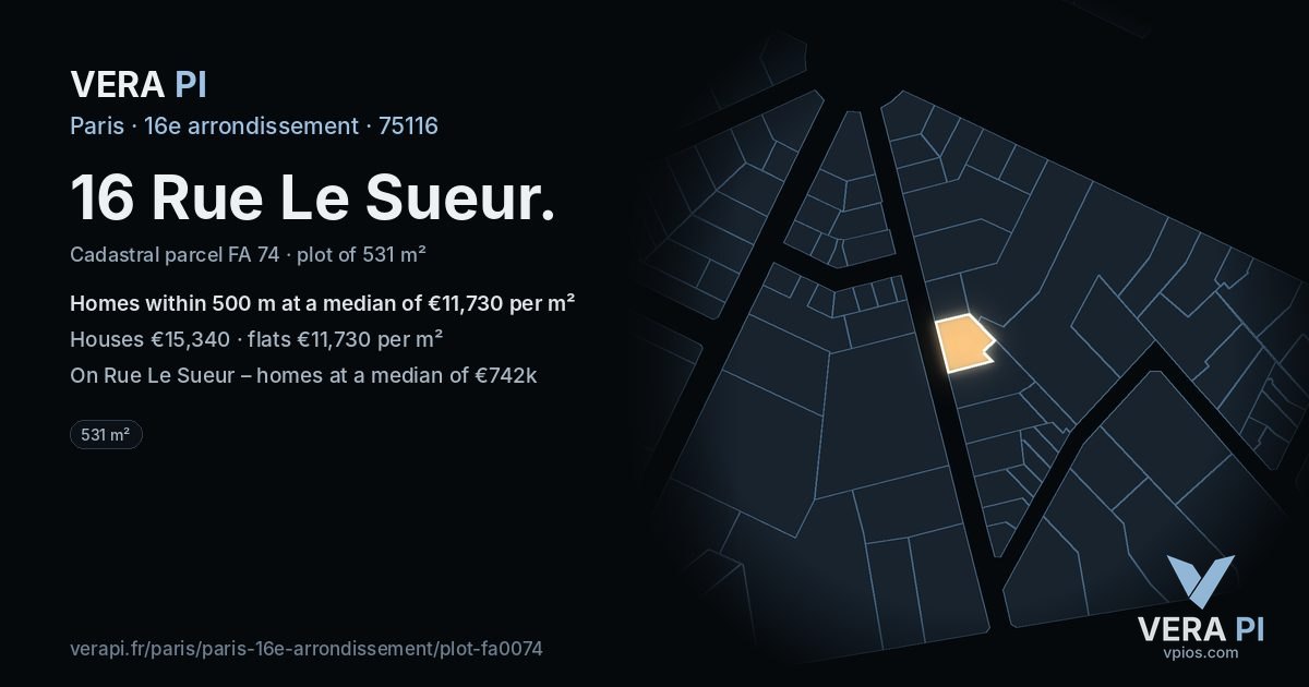16 Rue Le Sueur, 16e arrondissement at night – the plot lit, the parcels around coloured by the prices near them