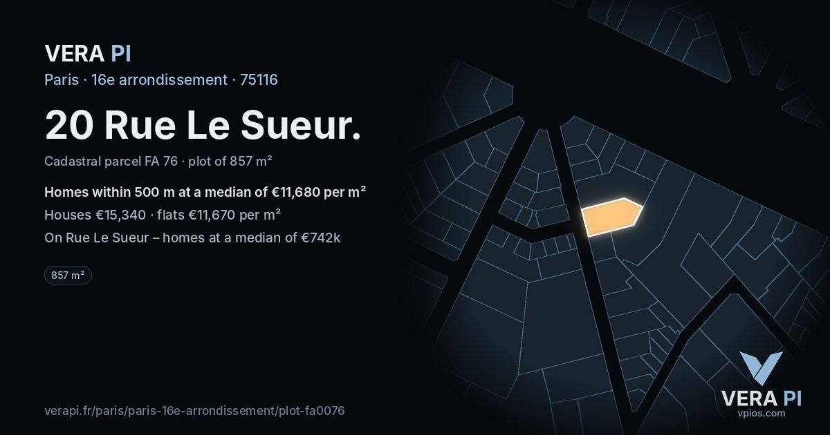 20 Rue Le Sueur, 16e arrondissement at night – the plot lit, the parcels around coloured by the prices near them