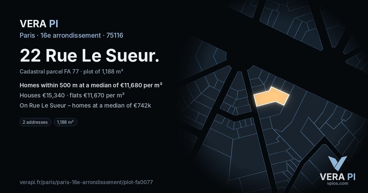 22 Rue Le Sueur, 16e arrondissement at night – the plot lit, the parcels around coloured by the prices near them
