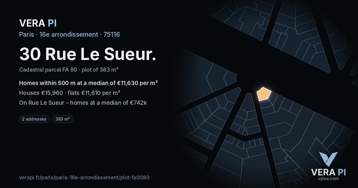 30 Rue Le Sueur, 16e arrondissement at night – the plot lit, the parcels around coloured by the prices near them