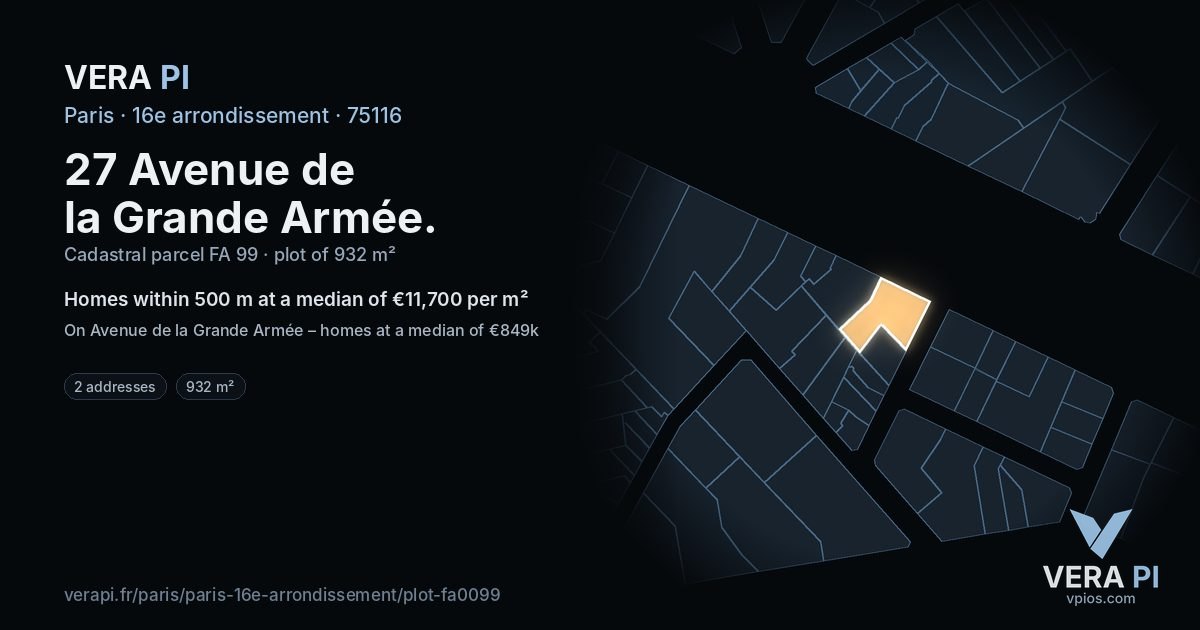 27 Avenue de la Grande Armée, 16e arrondissement at night – the plot lit, the parcels around coloured by the prices near them