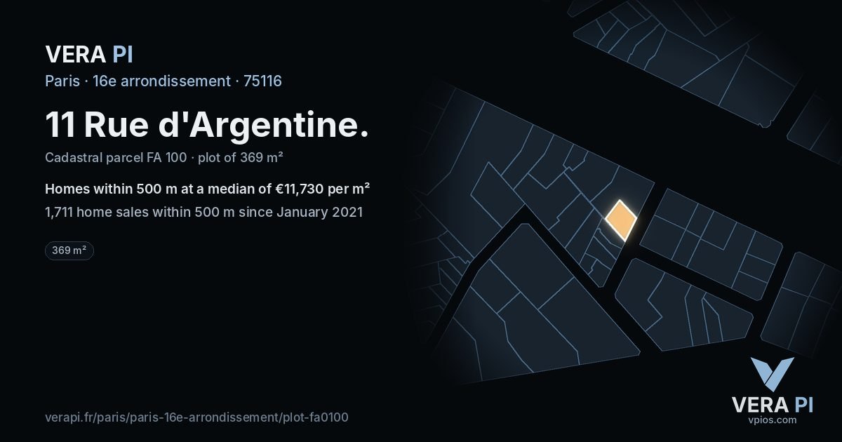 11 Rue d'Argentine, 16e arrondissement at night – the plot lit, the parcels around coloured by the prices near them