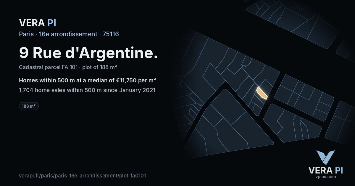 9 Rue d'Argentine, 16e arrondissement at night – the plot lit, the parcels around coloured by the prices near them