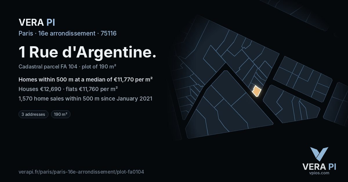 1 Rue d'Argentine, 16e arrondissement at night – the plot lit, the parcels around coloured by the prices near them