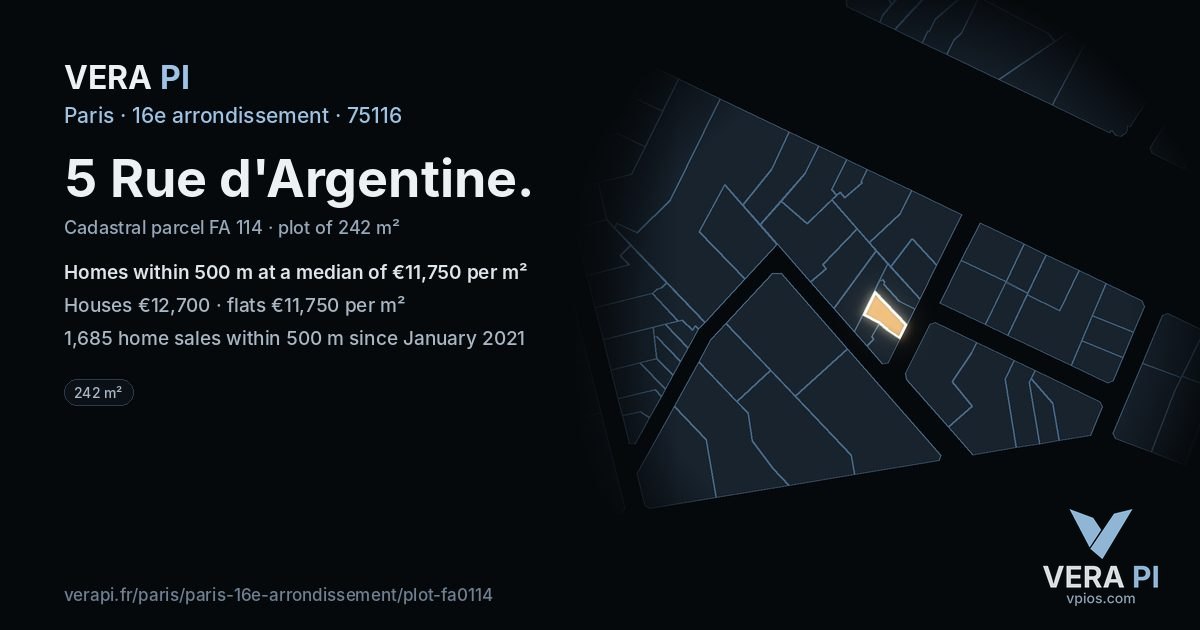 5 Rue d'Argentine, 16e arrondissement at night – the plot lit, the parcels around coloured by the prices near them