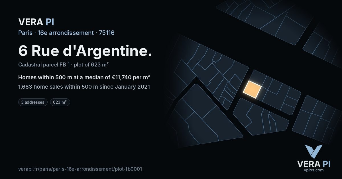 6 Rue d'Argentine, 16e arrondissement at night – the plot lit, the parcels around coloured by the prices near them