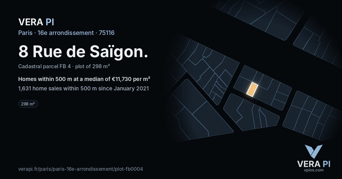 8 Rue de Saïgon, 16e arrondissement at night – the plot lit, the parcels around coloured by the prices near them
