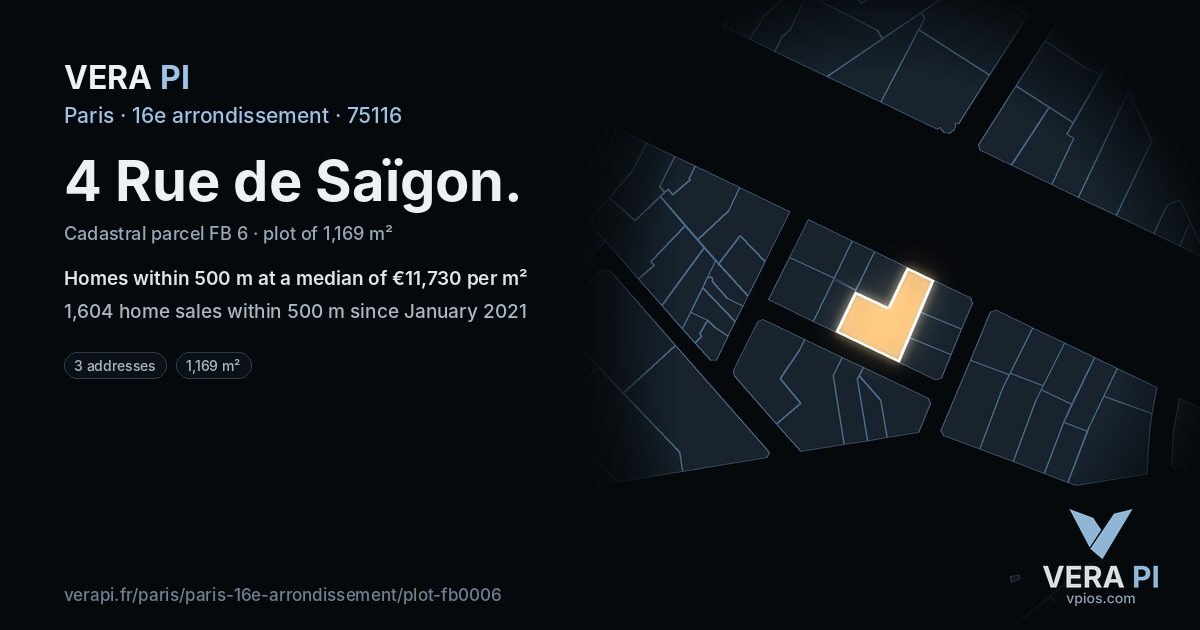 4 Rue de Saïgon, 16e arrondissement at night – the plot lit, the parcels around coloured by the prices near them