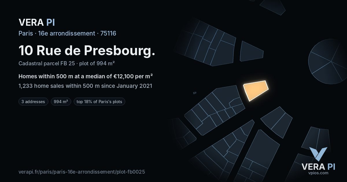 10 Rue de Presbourg, 16e arrondissement at night – the plot lit, the parcels around coloured by the prices near them