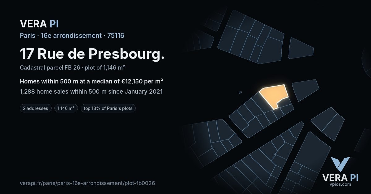 17 Rue de Presbourg, 16e arrondissement at night – the plot lit, the parcels around coloured by the prices near them
