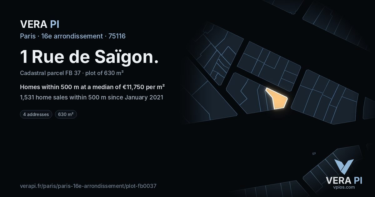 1 Rue de Saïgon, 16e arrondissement at night – the plot lit, the parcels around coloured by the prices near them
