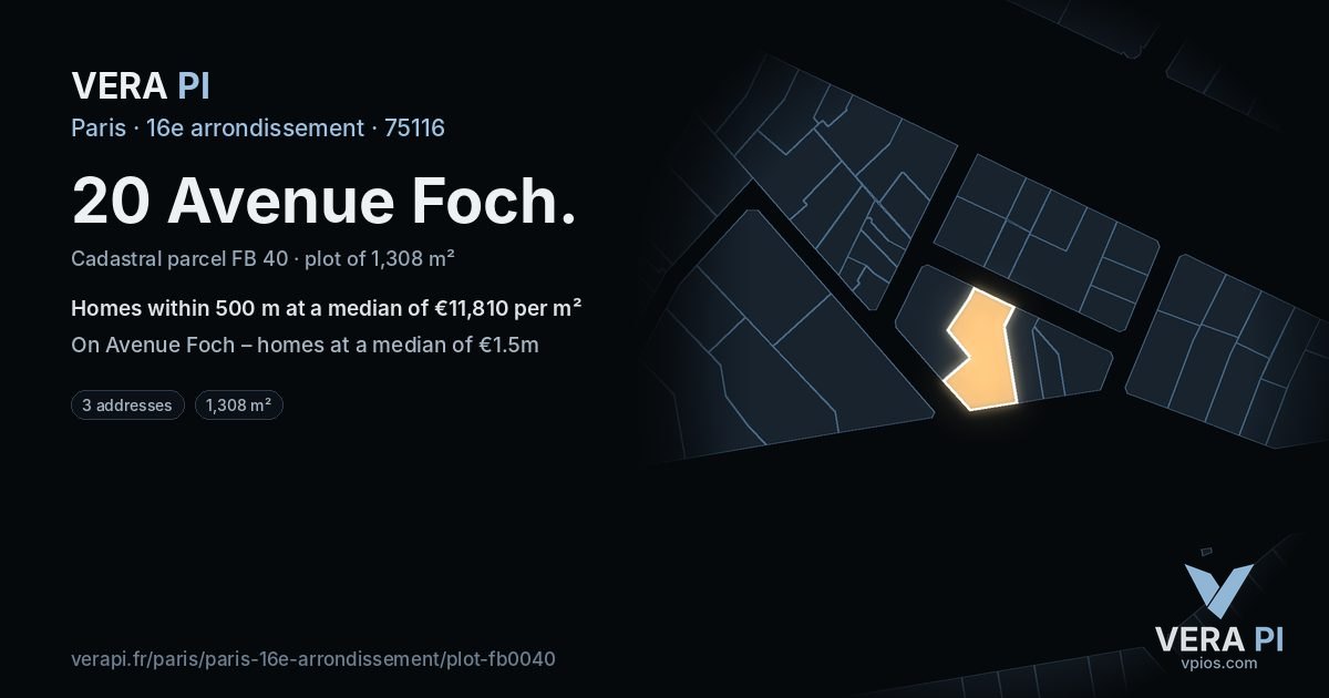 20 Avenue Foch, 16e arrondissement at night – the plot lit, the parcels around coloured by the prices near them