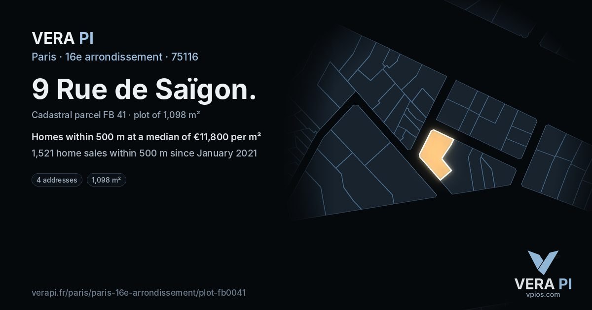 9 Rue de Saïgon, 16e arrondissement at night – the plot lit, the parcels around coloured by the prices near them