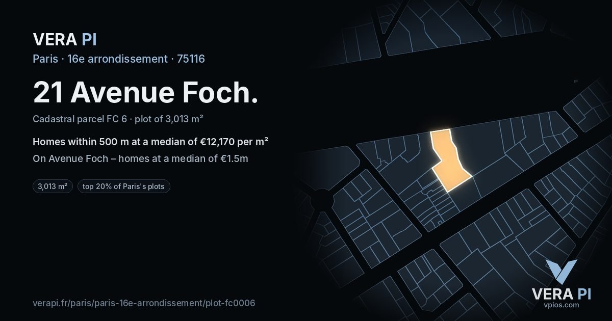 21 Avenue Foch, 16e arrondissement at night – the plot lit, the parcels around coloured by the prices near them