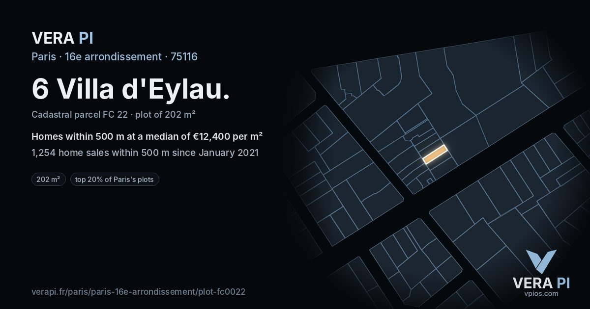 6 Villa d'Eylau, 16e arrondissement at night – the plot lit, the parcels around coloured by the prices near them