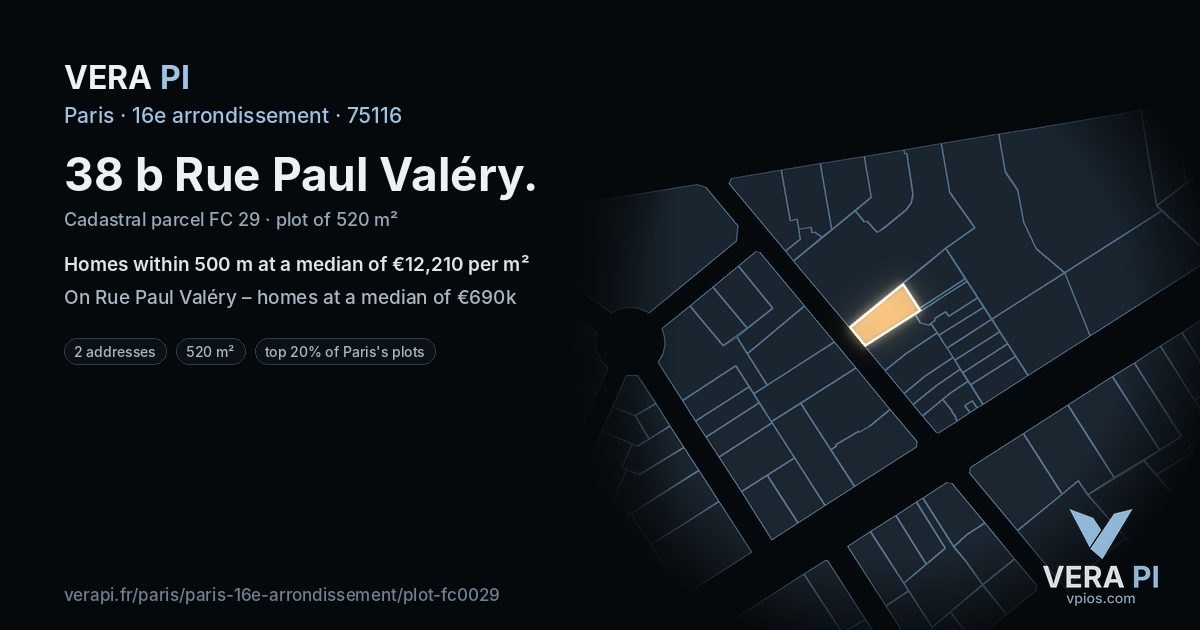 38 b Rue Paul Valéry, 16e arrondissement at night – the plot lit, the parcels around coloured by the prices near them