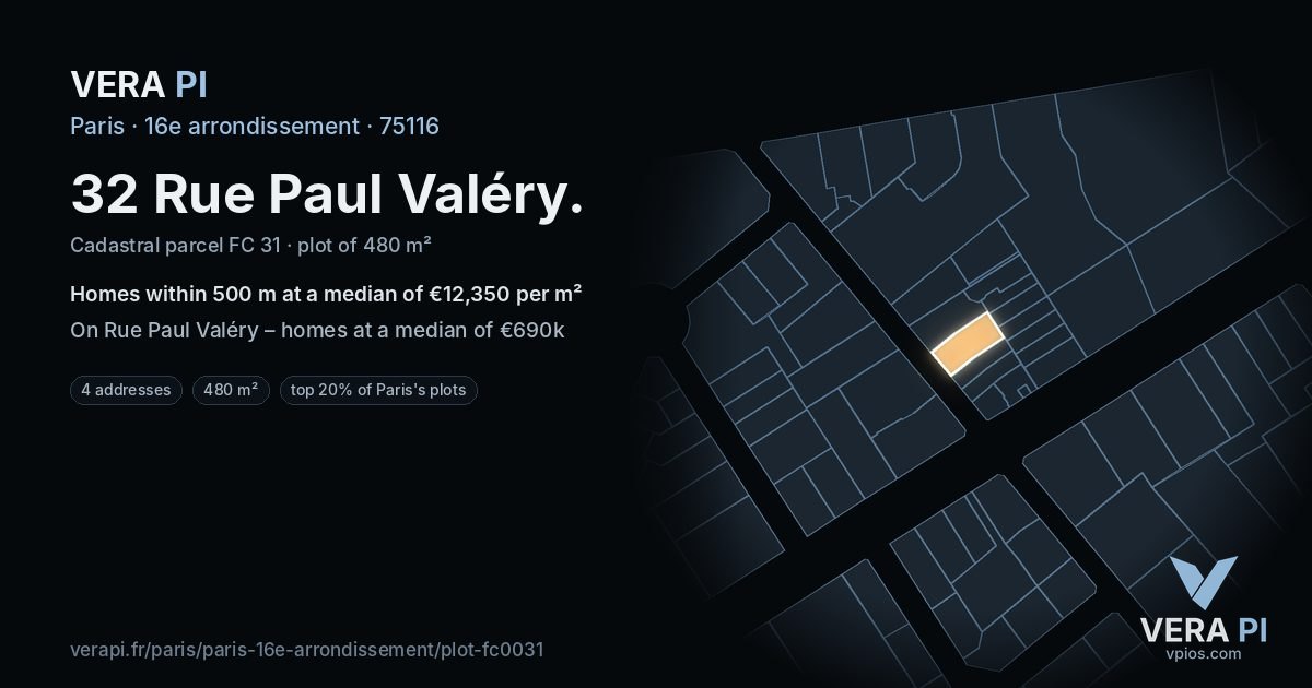 32 Rue Paul Valéry, 16e arrondissement at night – the plot lit, the parcels around coloured by the prices near them