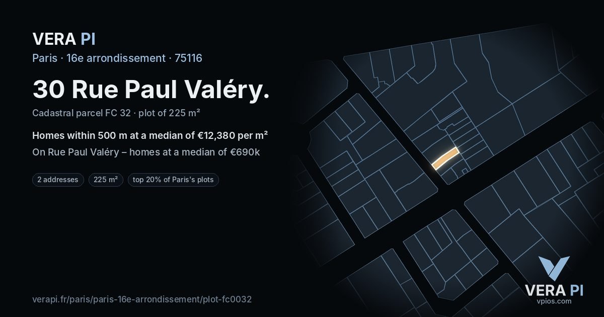 30 Rue Paul Valéry, 16e arrondissement at night – the plot lit, the parcels around coloured by the prices near them