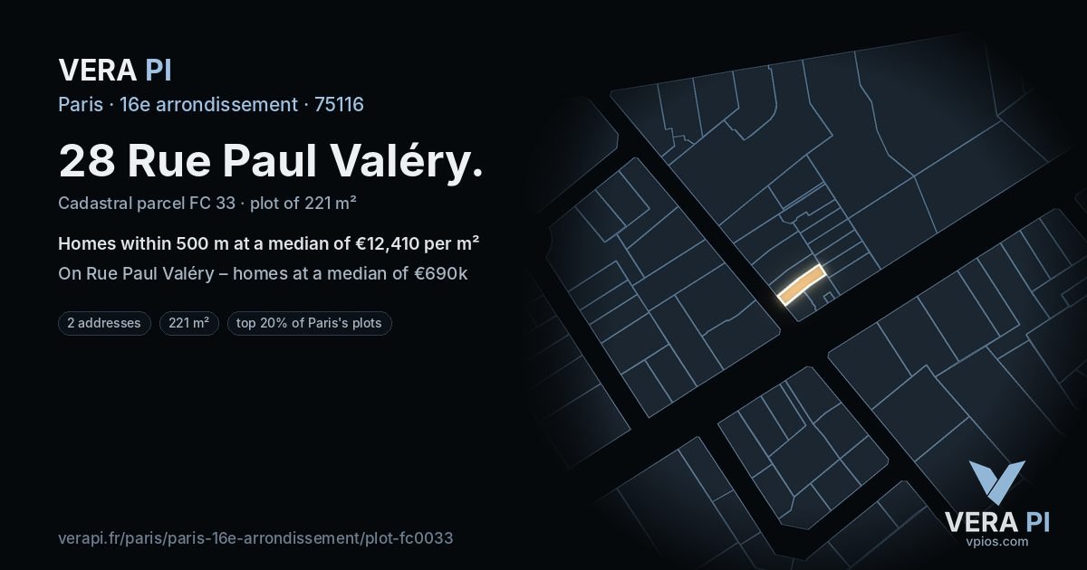28 Rue Paul Valéry, 16e arrondissement at night – the plot lit, the parcels around coloured by the prices near them