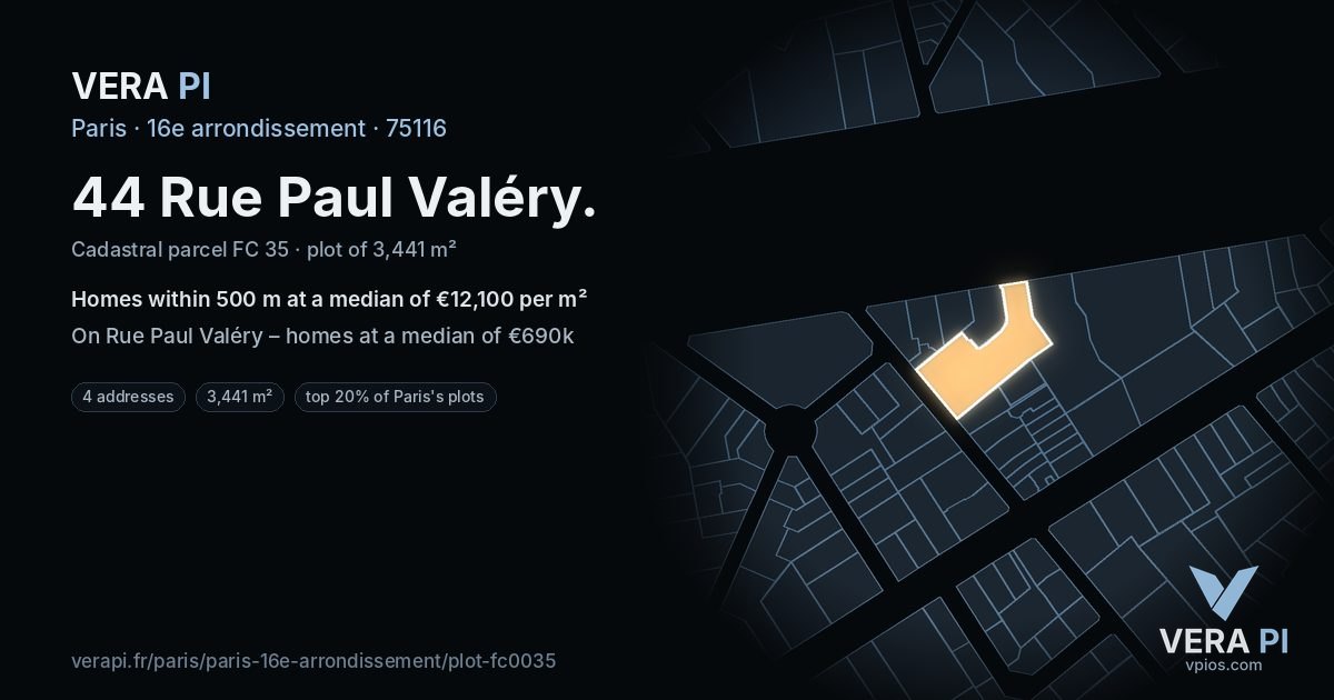 44 Rue Paul Valéry, 16e arrondissement at night – the plot lit, the parcels around coloured by the prices near them