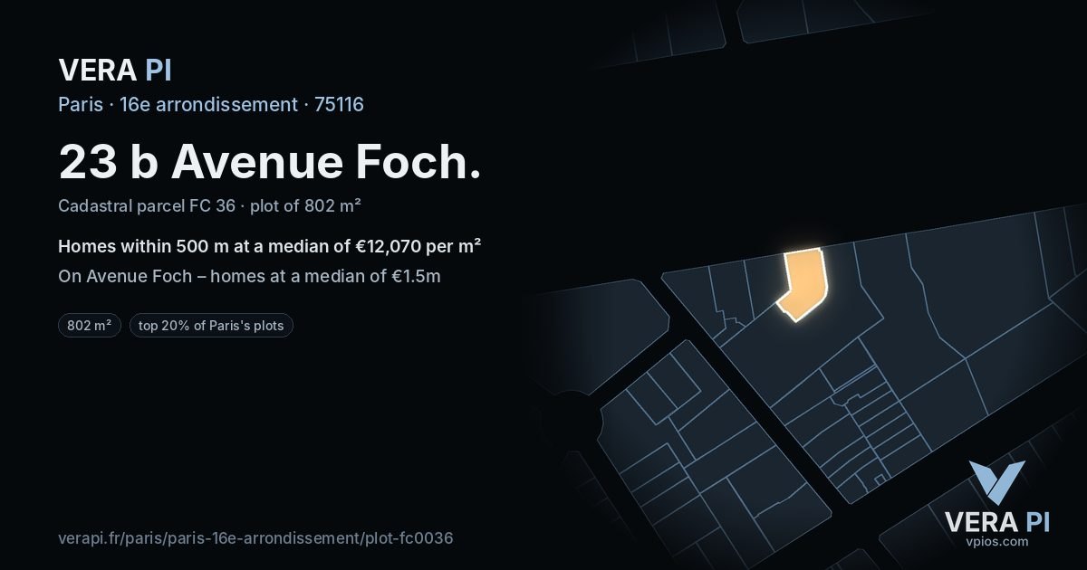 23 b Avenue Foch, 16e arrondissement at night – the plot lit, the parcels around coloured by the prices near them