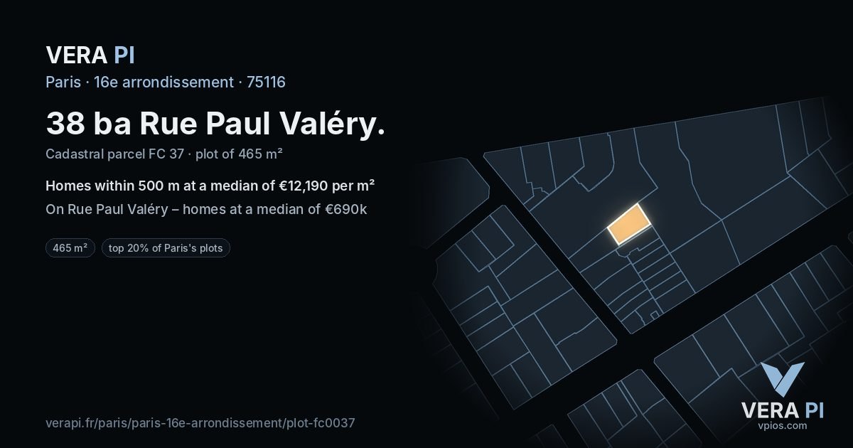 38 ba Rue Paul Valéry, 16e arrondissement at night – the plot lit, the parcels around coloured by the prices near them