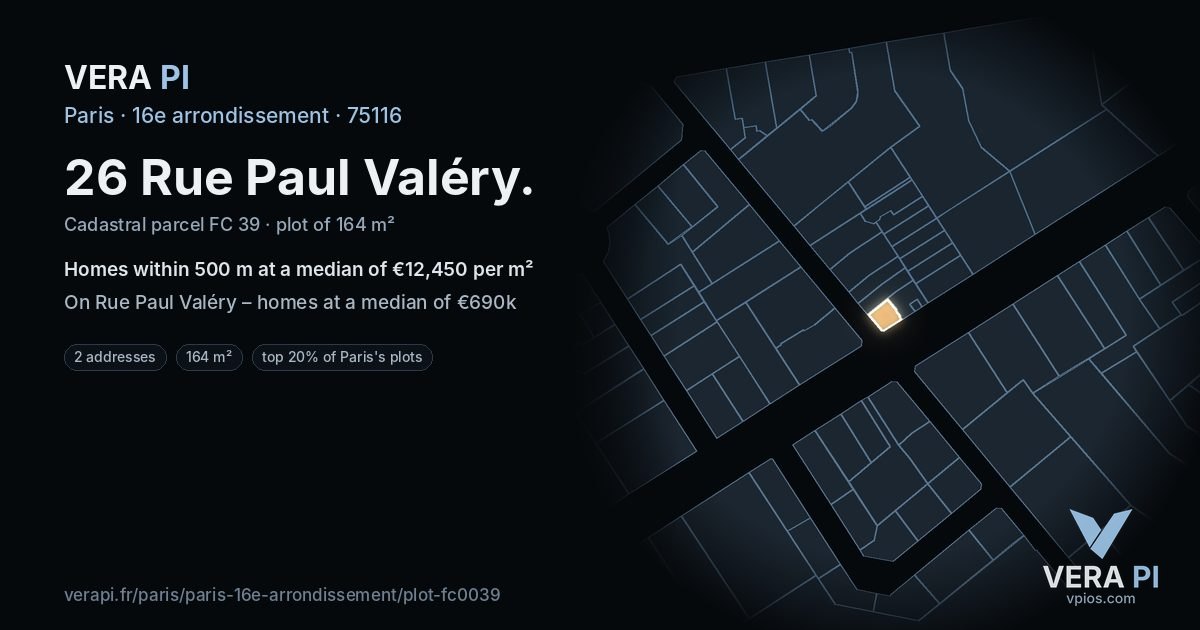 26 Rue Paul Valéry, 16e arrondissement at night – the plot lit, the parcels around coloured by the prices near them