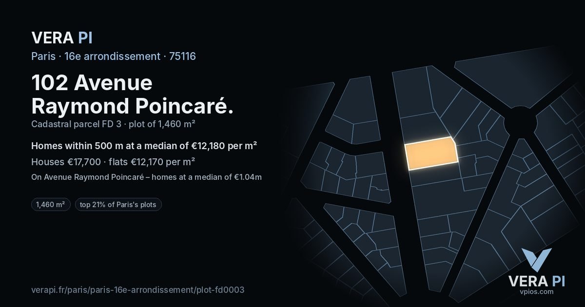 102 Avenue Raymond Poincaré, 16e arrondissement at night – the plot lit, the parcels around coloured by the prices near them