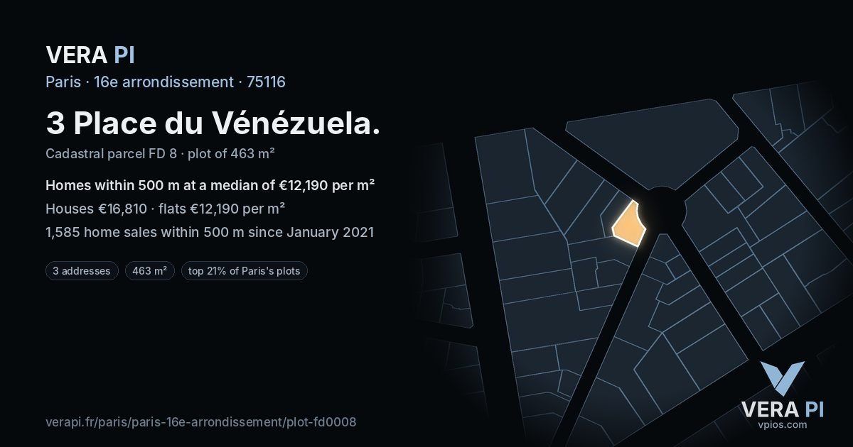 3 Place du Vénézuela, 16e arrondissement at night – the plot lit, the parcels around coloured by the prices near them