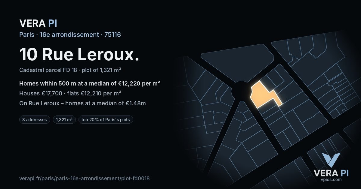 10 Rue Leroux, 16e arrondissement at night – the plot lit, the parcels around coloured by the prices near them