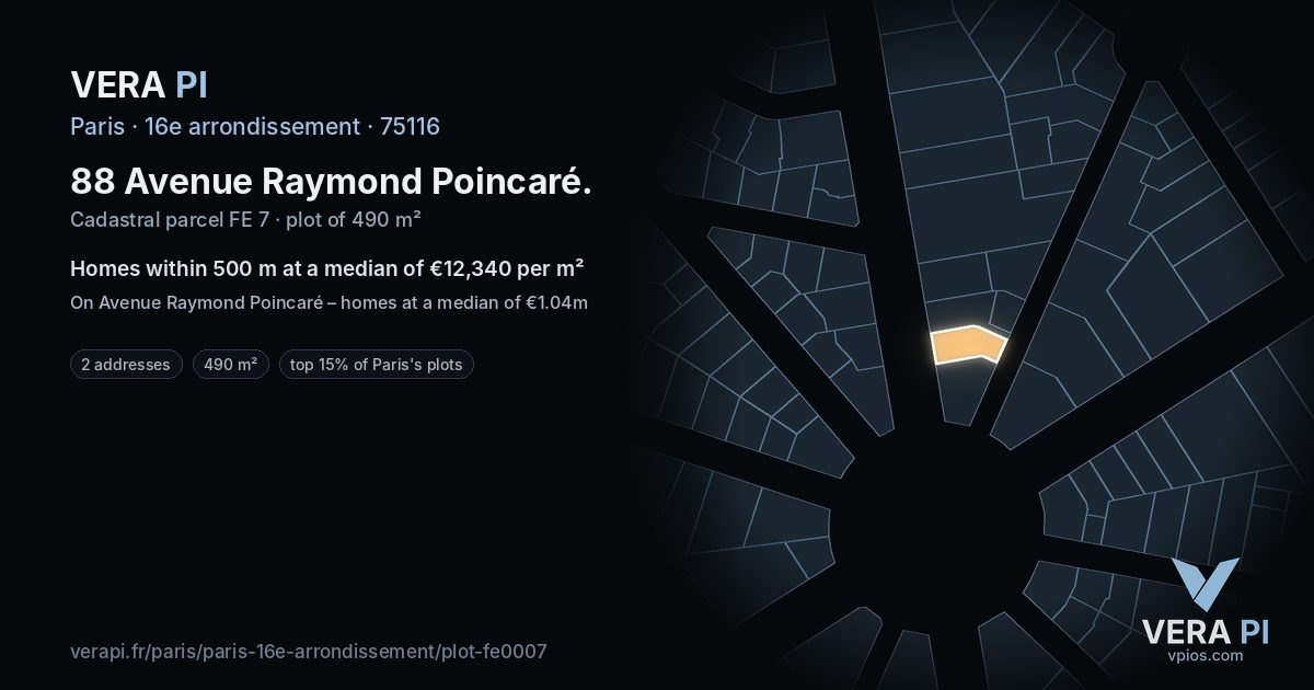 88 Avenue Raymond Poincaré, 16e arrondissement at night – the plot lit, the parcels around coloured by the prices near them