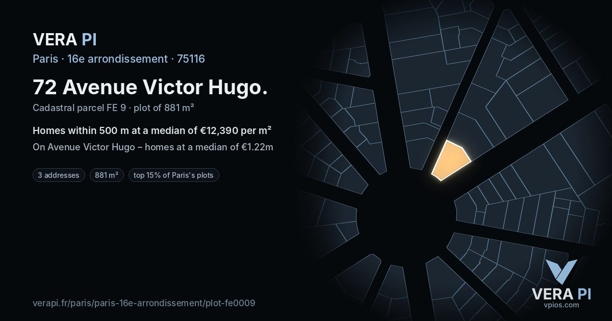 72 Avenue Victor Hugo, 16e arrondissement at night – the plot lit, the parcels around coloured by the prices near them