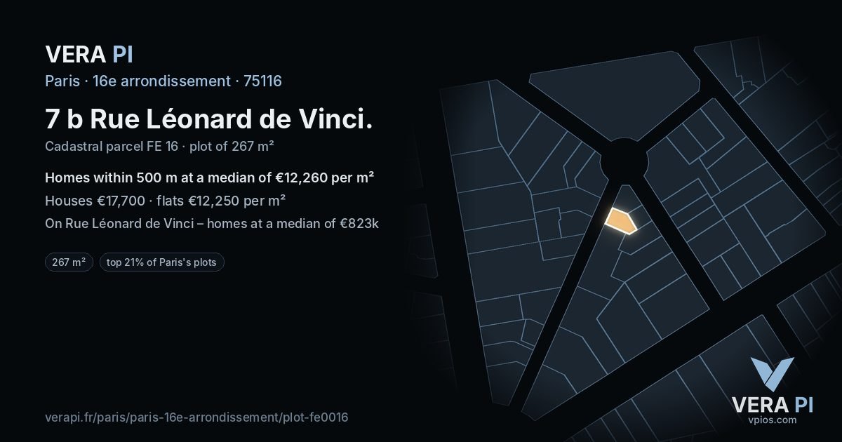 7 b Rue Léonard de Vinci, 16e arrondissement at night – the plot lit, the parcels around coloured by the prices near them