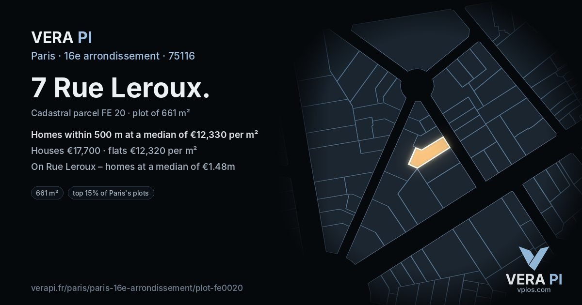 7 Rue Leroux, 16e arrondissement at night – the plot lit, the parcels around coloured by the prices near them
