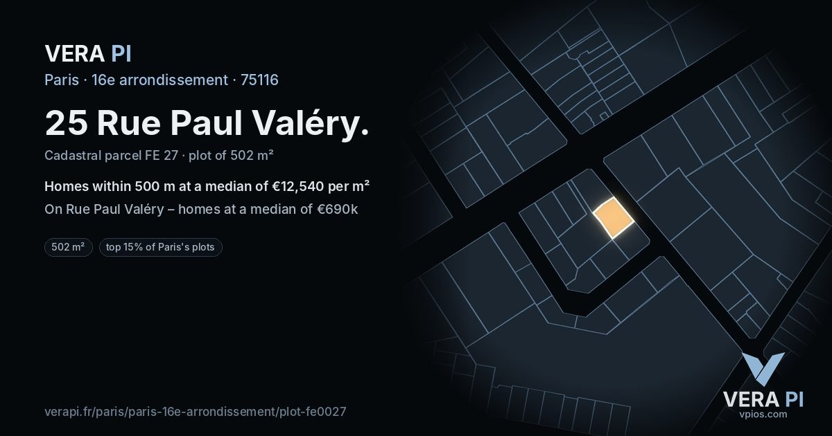 25 Rue Paul Valéry, 16e arrondissement at night – the plot lit, the parcels around coloured by the prices near them