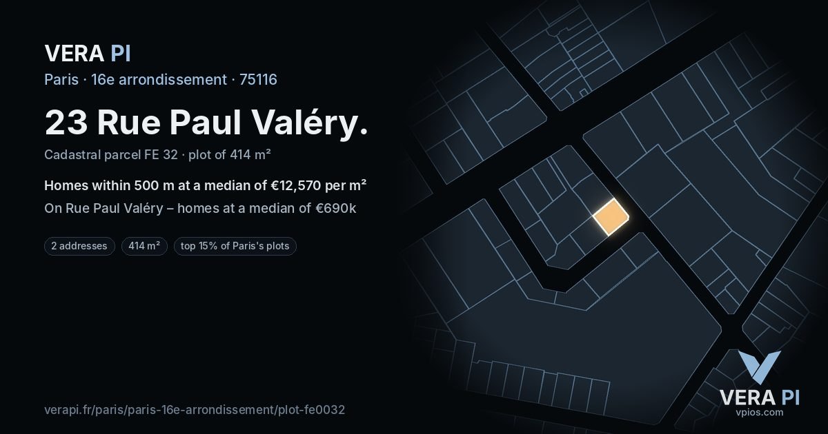 23 Rue Paul Valéry, 16e arrondissement at night – the plot lit, the parcels around coloured by the prices near them