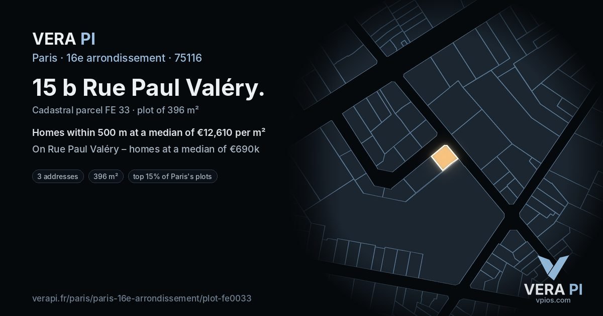 15 b Rue Paul Valéry, 16e arrondissement at night – the plot lit, the parcels around coloured by the prices near them