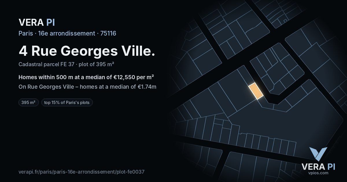 4 Rue Georges Ville, 16e arrondissement at night – the plot lit, the parcels around coloured by the prices near them