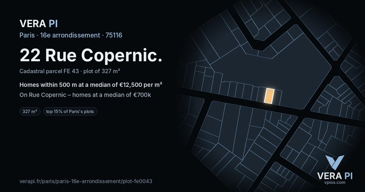 22 Rue Copernic, 16e arrondissement at night – the plot lit, the parcels around coloured by the prices near them