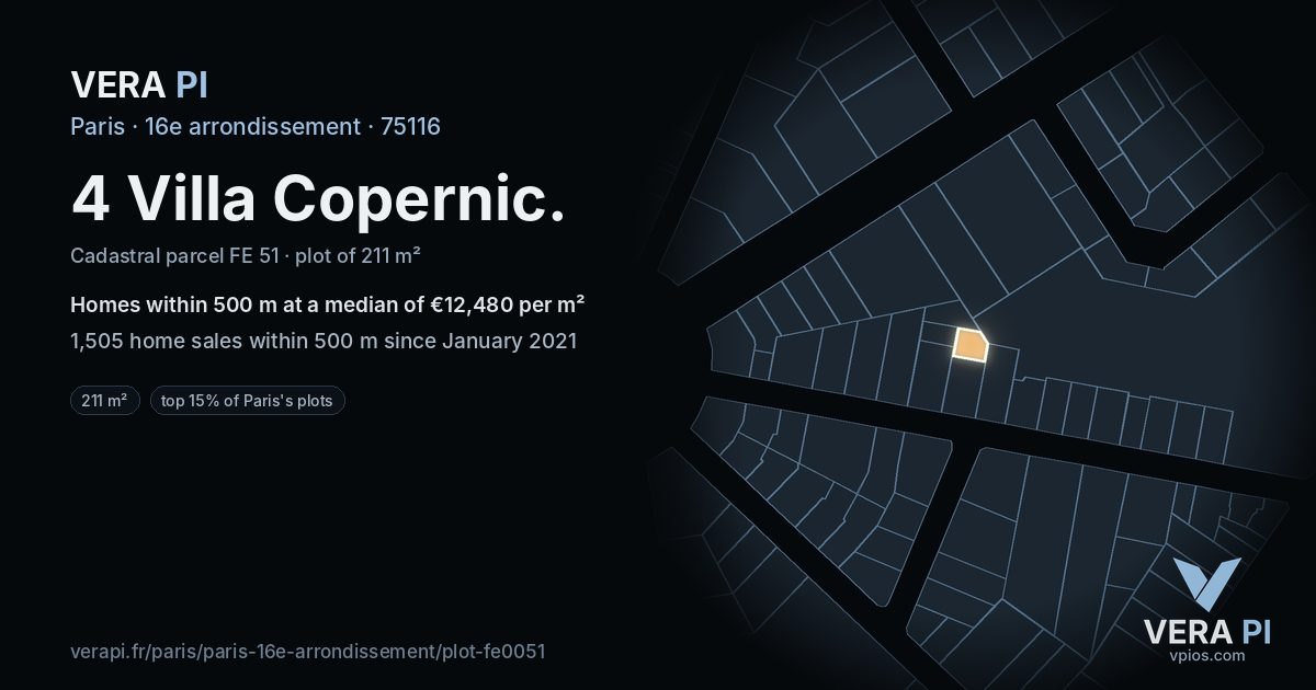 4 Villa Copernic, 16e arrondissement at night – the plot lit, the parcels around coloured by the prices near them