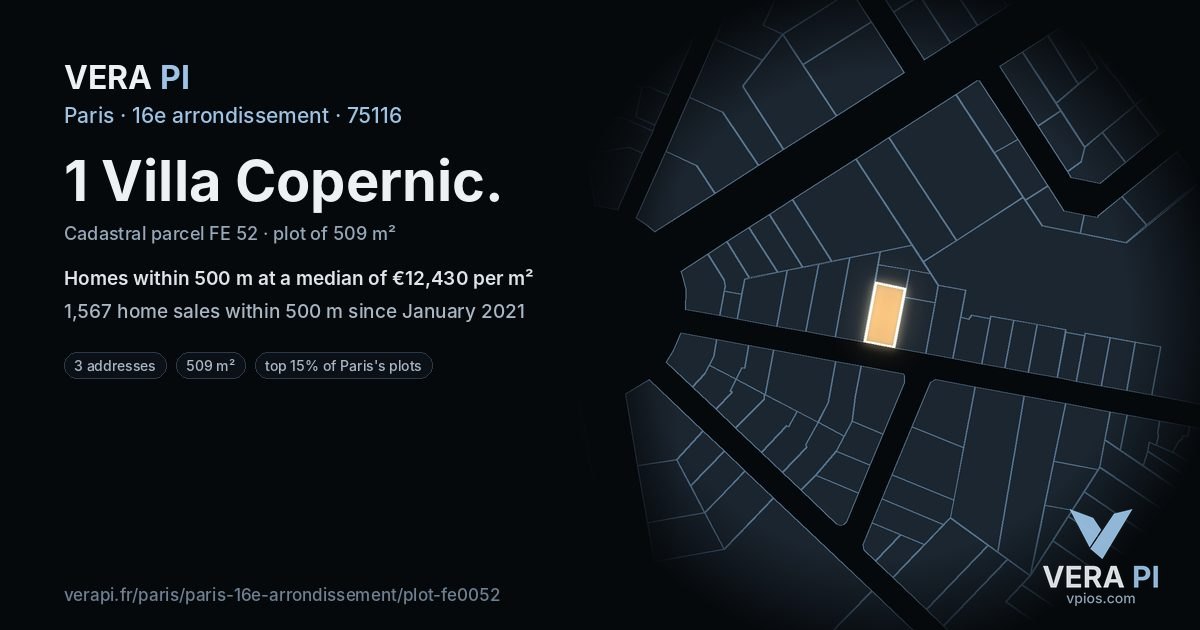 1 Villa Copernic, 16e arrondissement at night – the plot lit, the parcels around coloured by the prices near them