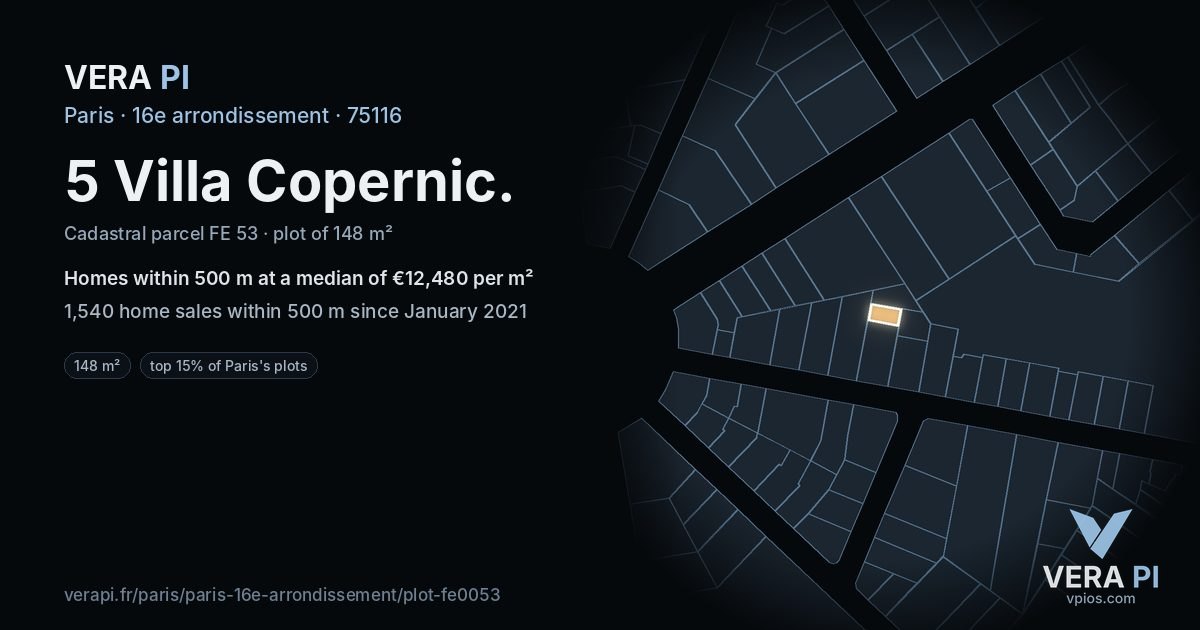 5 Villa Copernic, 16e arrondissement at night – the plot lit, the parcels around coloured by the prices near them