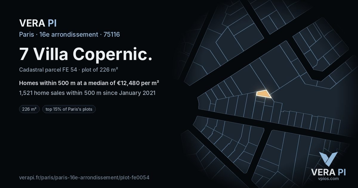 7 Villa Copernic, 16e arrondissement at night – the plot lit, the parcels around coloured by the prices near them
