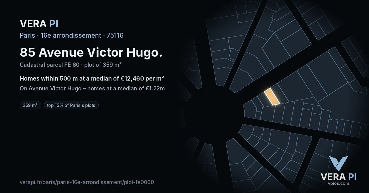 85 Avenue Victor Hugo, 16e arrondissement at night – the plot lit, the parcels around coloured by the prices near them