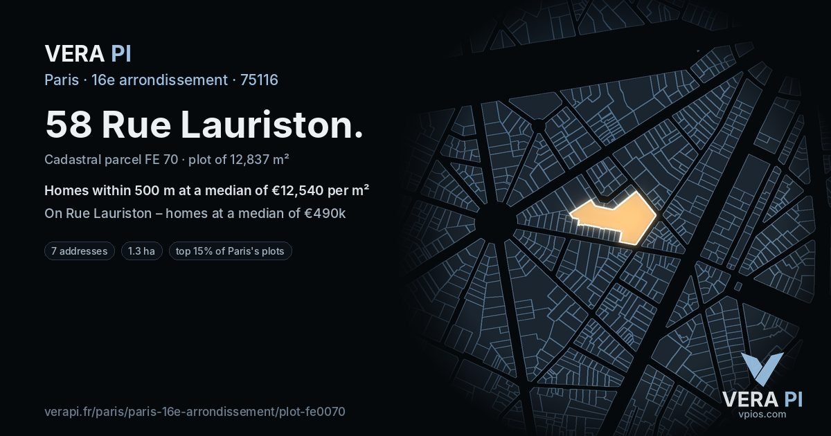 58 Rue Lauriston, 16e arrondissement at night – the plot lit, the parcels around coloured by the prices near them
