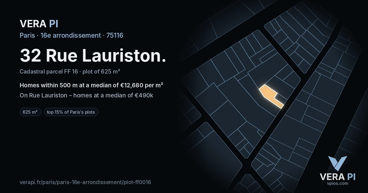 32 Rue Lauriston, 16e arrondissement at night – the plot lit, the parcels around coloured by the prices near them