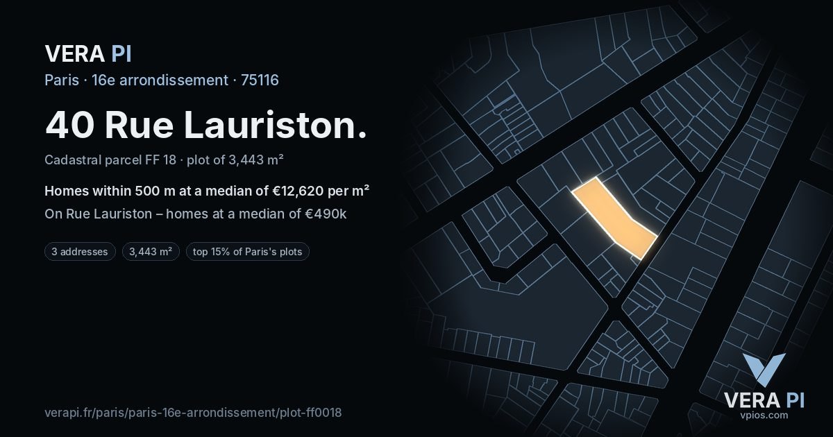 40 Rue Lauriston, 16e arrondissement at night – the plot lit, the parcels around coloured by the prices near them