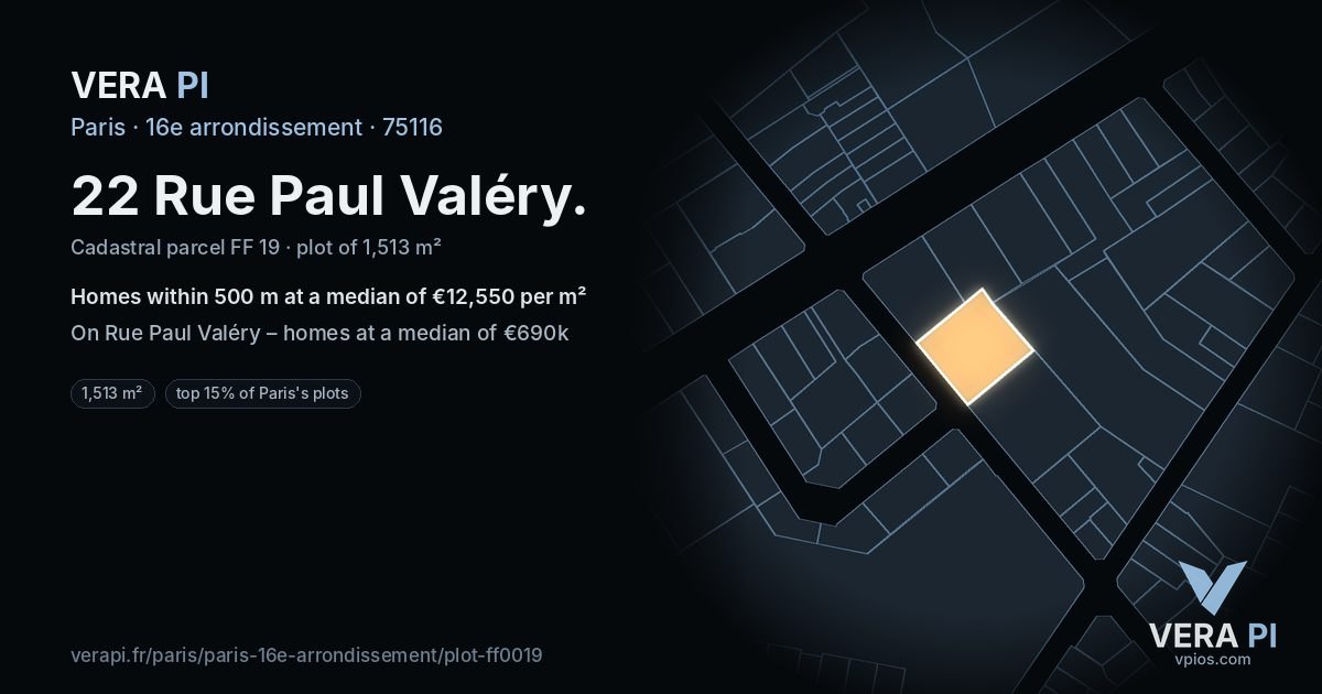 22 Rue Paul Valéry, 16e arrondissement at night – the plot lit, the parcels around coloured by the prices near them