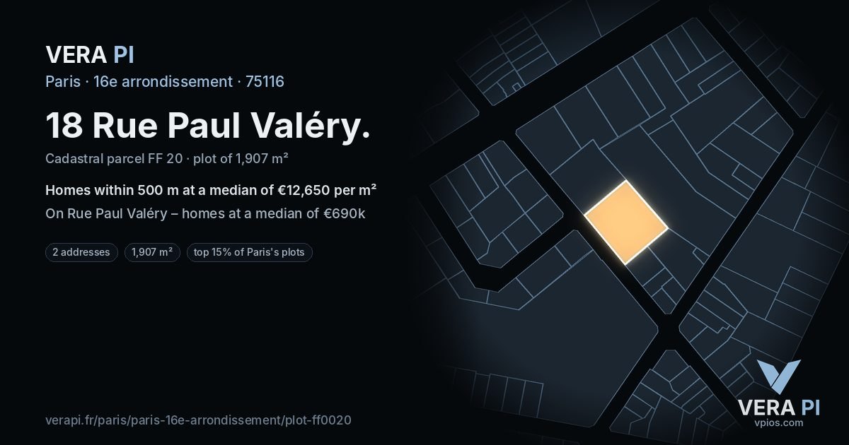 18 Rue Paul Valéry, 16e arrondissement at night – the plot lit, the parcels around coloured by the prices near them