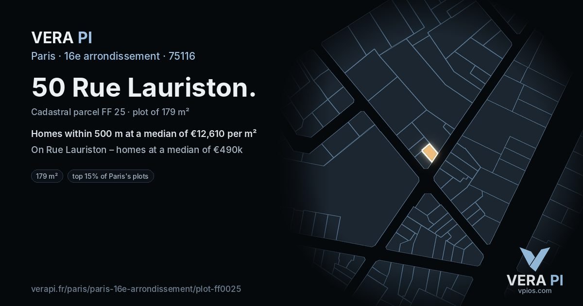 50 Rue Lauriston, 16e arrondissement at night – the plot lit, the parcels around coloured by the prices near them